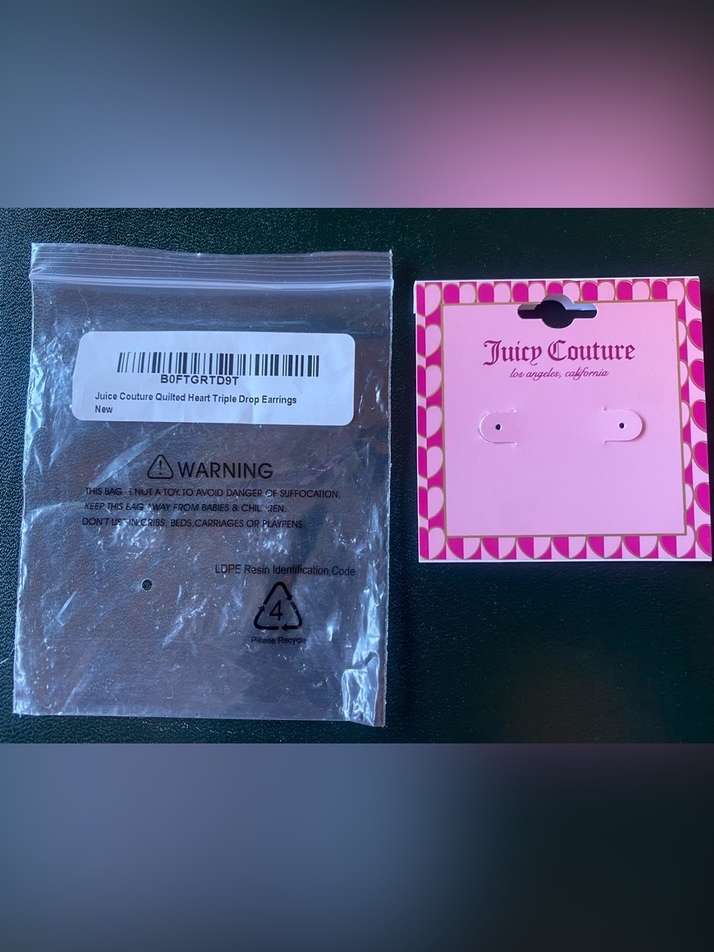 Juicy Couture Fun Gold Quilted 3 drop hearts with sparkling crystals. NWT - Picture 5 of 5